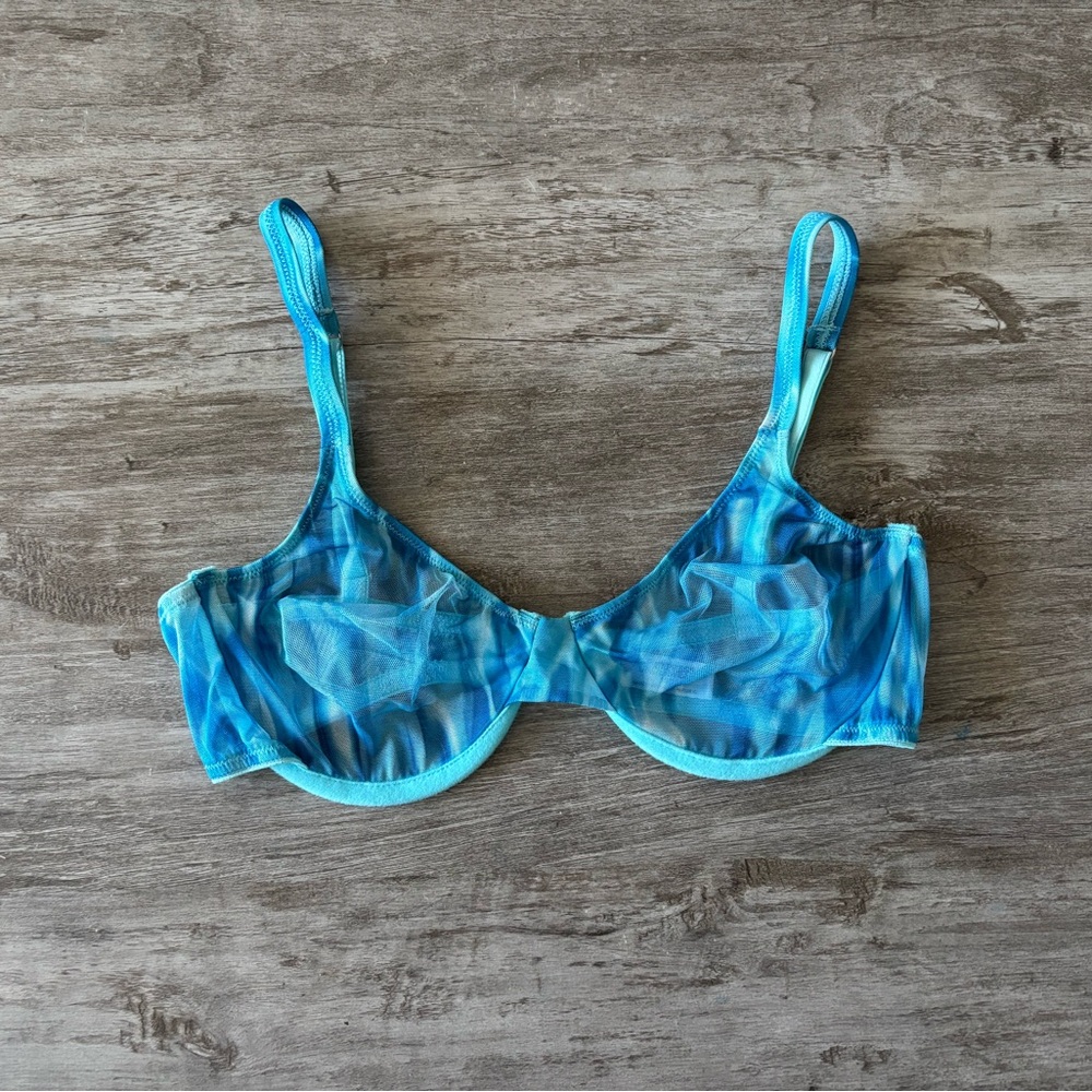 Y2K Express Bra Blue Sheer Mesh Underwire Unlined Demi Womens 34C Boho Fairy